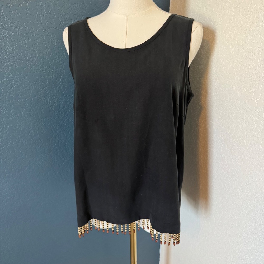 Boho Coastal Pusser's West Indies Silk Beaded Tank Top Black Medium